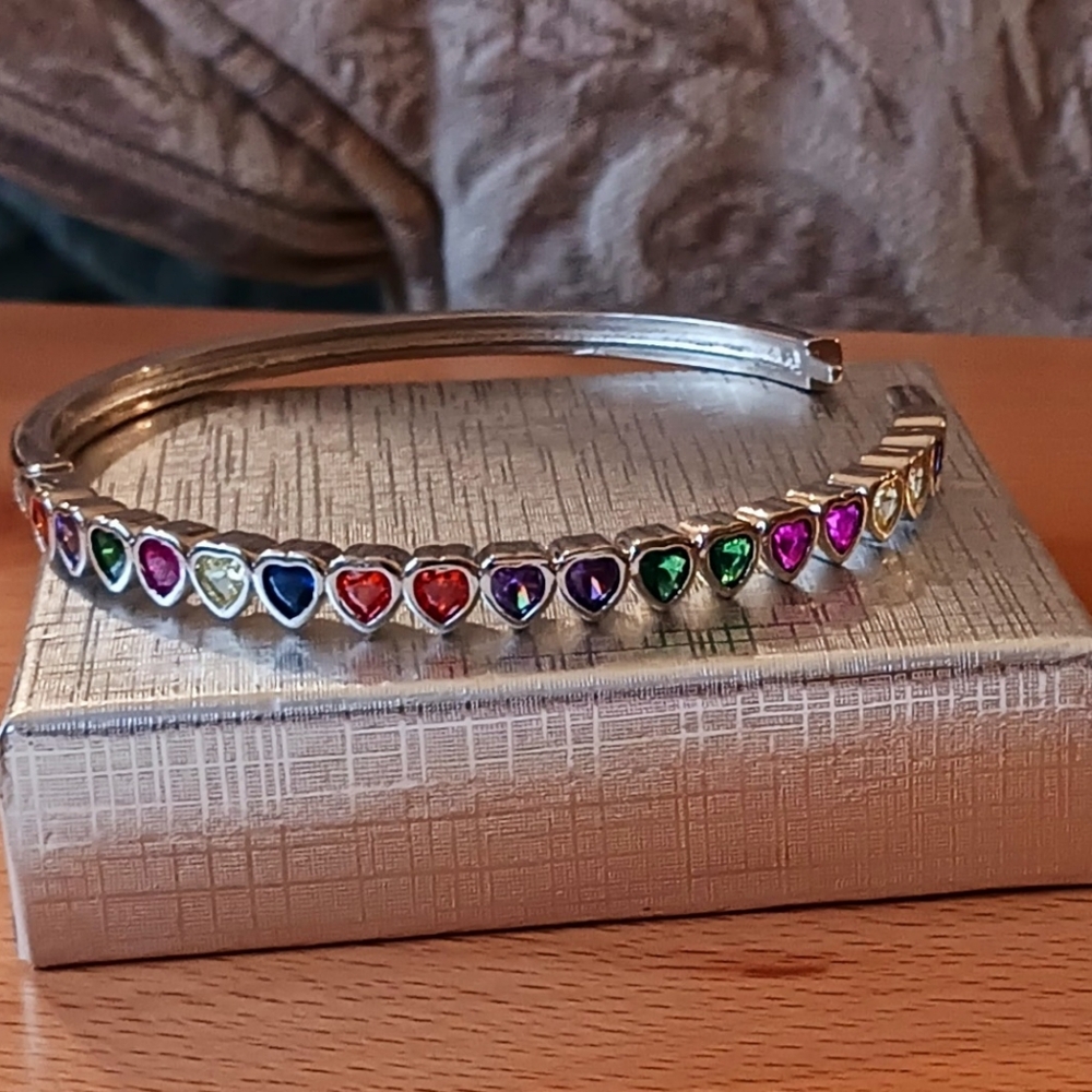 STERLING Silver Bangle Bracelet with Sparkling Colorful Heart Shaped Gemstones - Picture 11 of 15